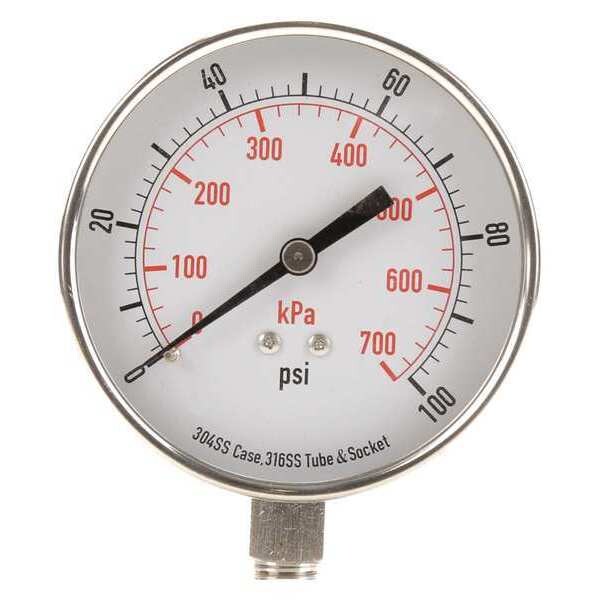 Pressure Gauge, 0 to 100 psi, 1/4 in MNPT, Stainless Steel, Silver