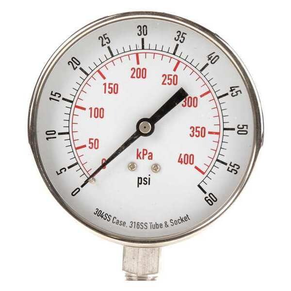 Pressure Gauge, 0 to 60 psi, 1/4 in MNPT, Stainless Steel, Silver