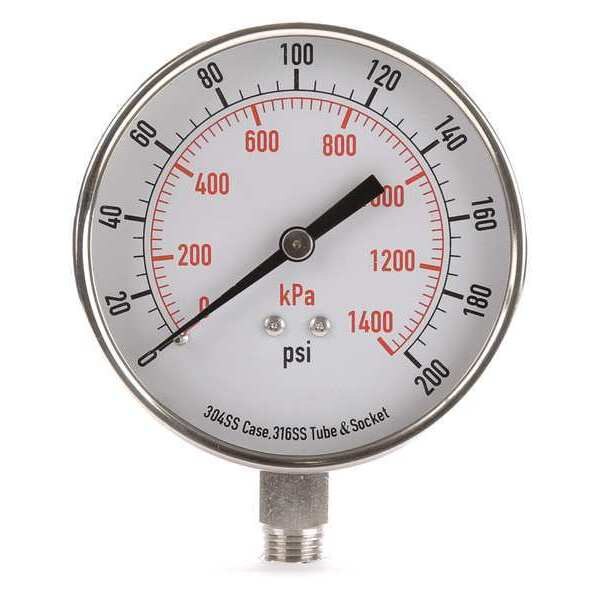 Pressure Gauge, 0 to 200 psi, 1/4 in MNPT, Stainless Steel, Silver