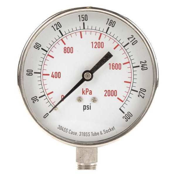 Pressure Gauge, 0 to 300 psi, 1/4 in MNPT, Stainless Steel, Silver