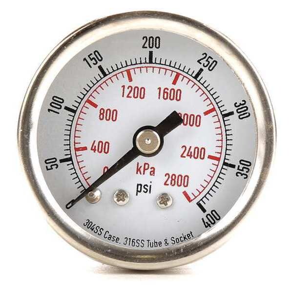 Pressure Gauge, 0 to 400 psi, 1/8 in MNPT, Stainless Steel, Silver