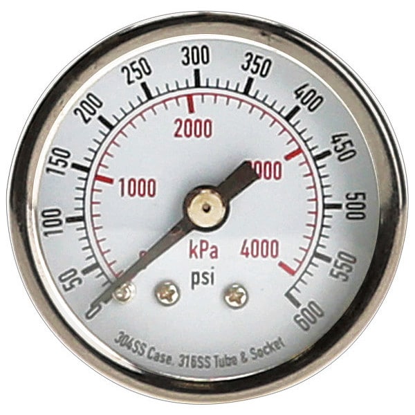 Pressure Gauge, 0 to 600 psi, 1/8 in MNPT, Stainless Steel, Silver