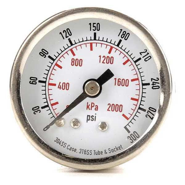 Pressure Gauge, 0 to 300 psi, 1/8 in MNPT, Stainless Steel, Silver