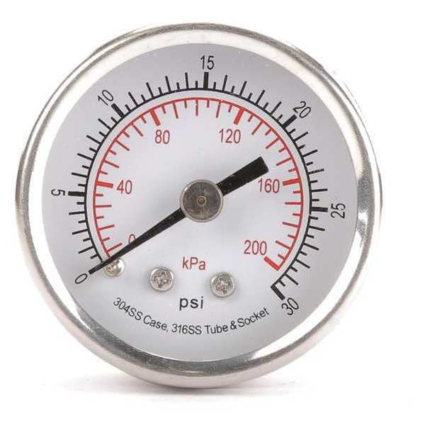 Pressure Gauge, 0 to 30 psi, 1/8 in MNPT, Stainless Steel, Silver