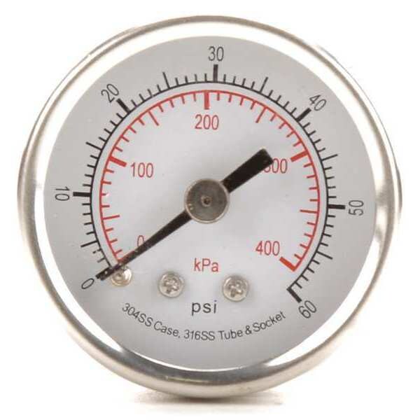 Pressure Gauge, 0 to 60 psi, 1/8 in MNPT, Stainless Steel, Silver