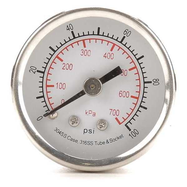 Pressure Gauge, 0 to 100 psi, 1/8 in MNPT, Stainless Steel, Silver
