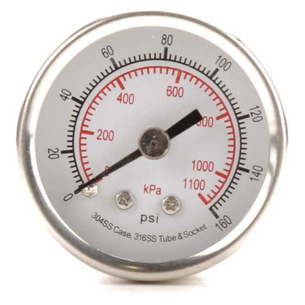 Pressure Gauge, 0 to 160 psi, 1/8 in MNPT, Stainless Steel, Silver