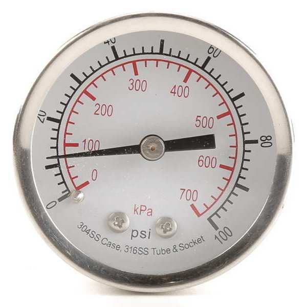 Pressure Gauge, 0 to 100 psi, 1/4 in MNPT, Stainless Steel, Silver