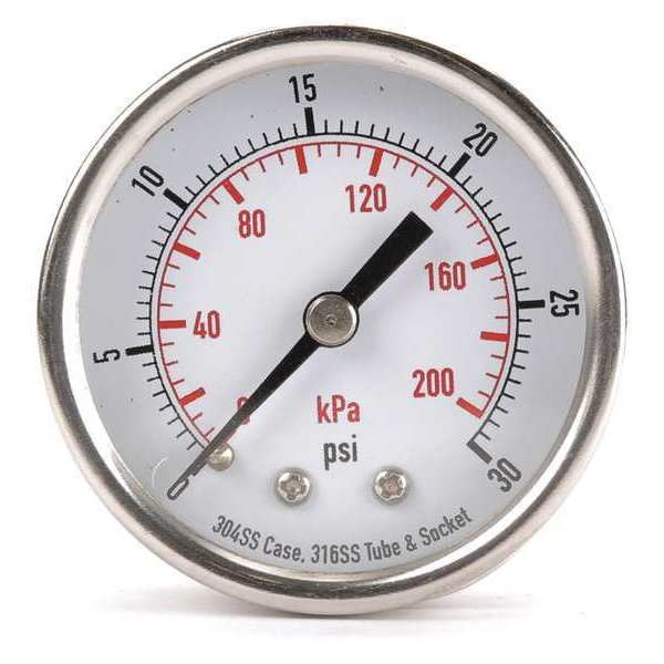 Pressure Gauge, 0 to 30 psi, 1/4 in MNPT, Stainless Steel, Silver