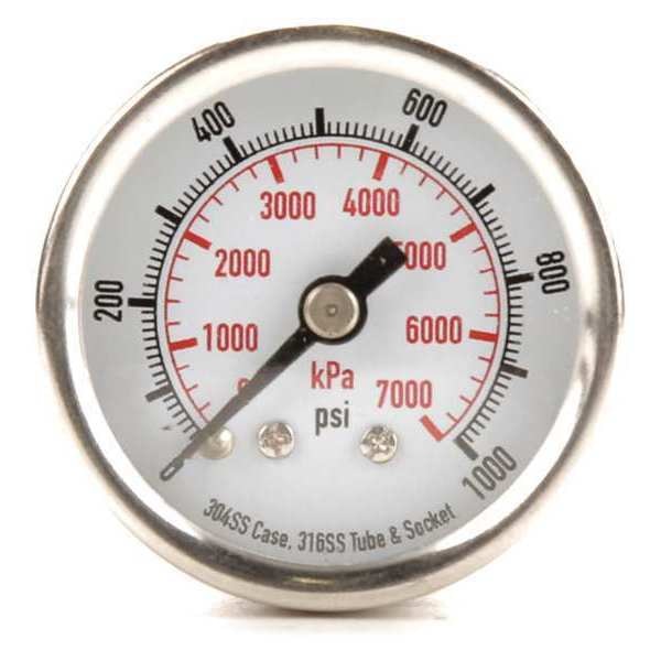Pressure Gauge, 0 to 1000 psi, 1/8 in MNPT, Stainless Steel, Silver