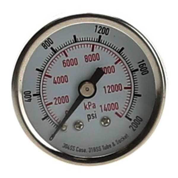 Pressure Gauge, 0 to 2000 psi, 1/8 in MNPT, Stainless Steel, Silver