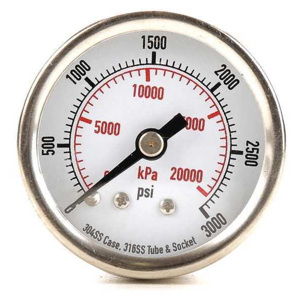 Pressure Gauge, 0 to 3000 psi, 1/8 in MNPT, Stainless Steel, Silver