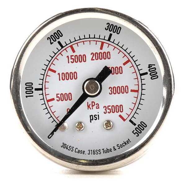 Pressure Gauge, 0 to 5000 psi, 1/8 in MNPT, Stainless Steel, Silver