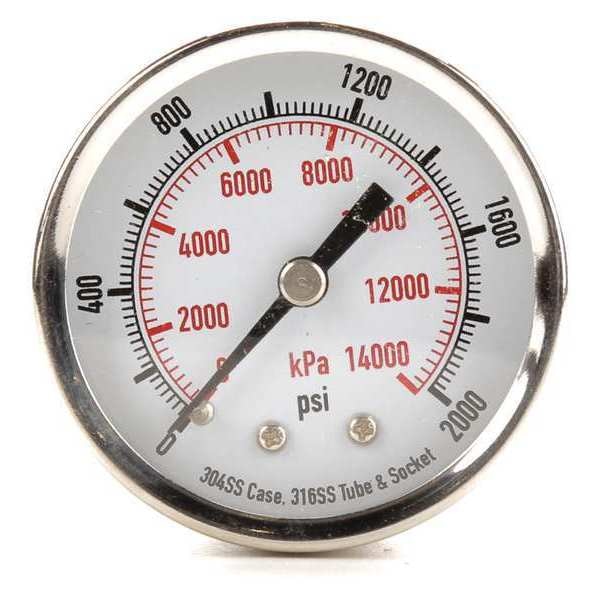 Pressure Gauge, 0 to 2000 psi, 1/4 in MNPT, Stainless Steel, Silver