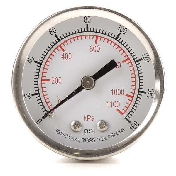 Pressure Gauge, 0 to 160 psi, 1/4 in MNPT, Stainless Steel, Silver