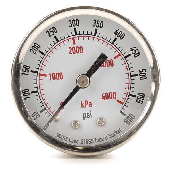 Pressure Gauge, 0 to 600 psi, 1/4 in MNPT, Stainless Steel, Silver
