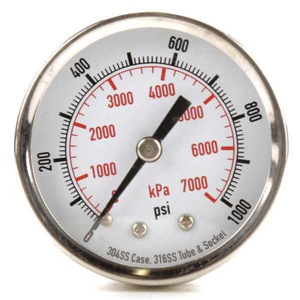 Pressure Gauge, 0 to 1000 psi, 1/4 in MNPT, Stainless Steel, Silver