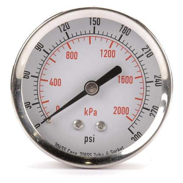 Pressure Gauge, 0 to 300 psi, 1/4 in MNPT, Stainless Steel, Silver