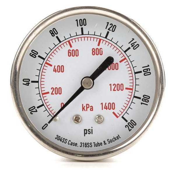 Pressure Gauge, 0 to 200 psi, 1/4 in MNPT, Stainless Steel, Silver