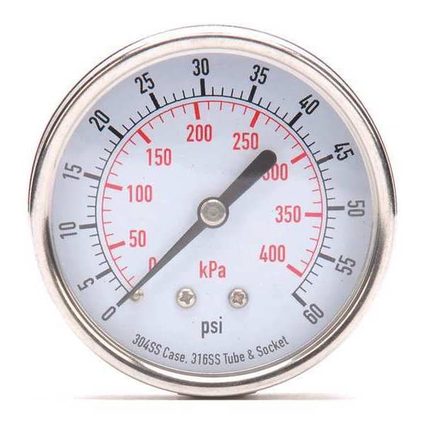 Pressure Gauge, 0 to 60 psi, 1/4 in MNPT, Stainless Steel, Silver