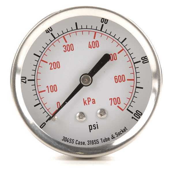 Pressure Gauge, 0 to 100 psi, 1/4 in MNPT, Stainless Steel, Silver