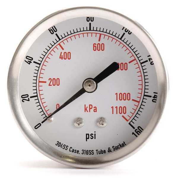 Pressure Gauge, 0 to 160 psi, 1/4 in MNPT, Stainless Steel, Silver