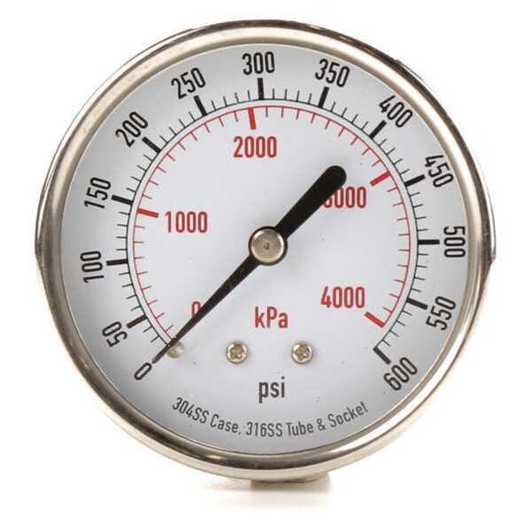 Pressure Gauge, 0 to 600 psi, 1/4 in MNPT, Stainless Steel, Silver