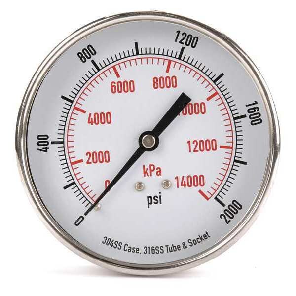 Pressure Gauge, 0 to 2000 psi, 1/4 in MNPT, Stainless Steel, Silver