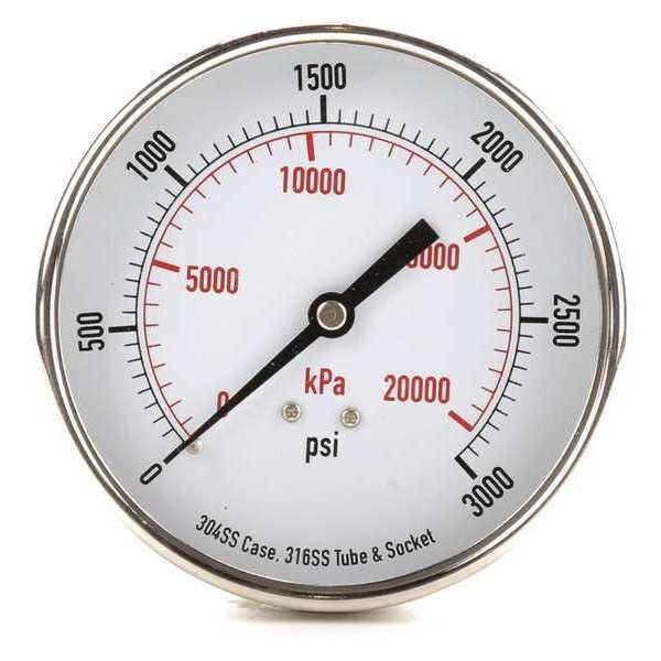 Pressure Gauge, 0 to 3000 psi, 1/4 in MNPT, Stainless Steel, Silver