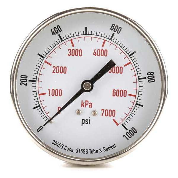 Pressure Gauge, 0 to 1000 psi, 1/4 in MNPT, Stainless Steel, Silver