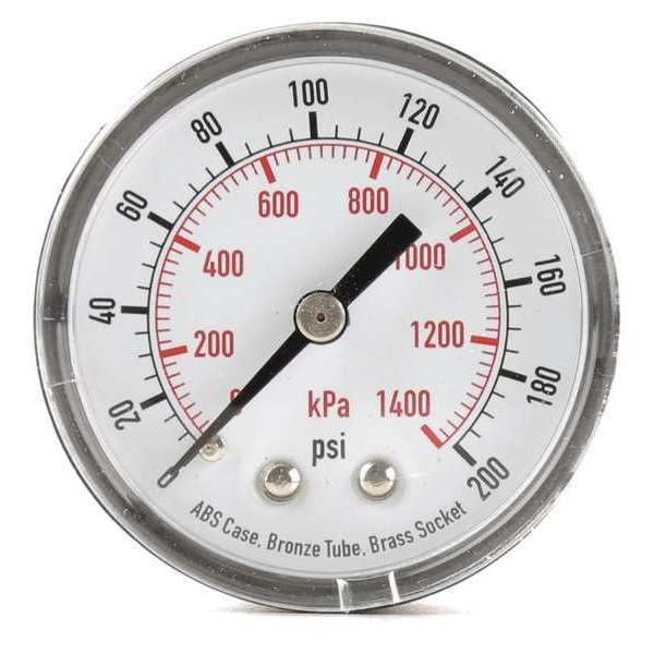 Pressure Gauge, 0 to 200 psi, 1/4 in MNPT, Plastic, Black