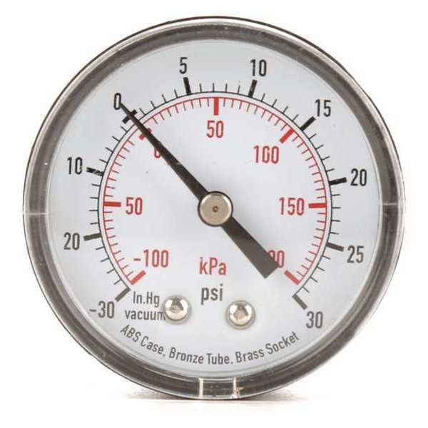 Compound Gauge, -30 to 0 to 30 in Hg/psi, 1/4 in MNPT, Plastic, Black