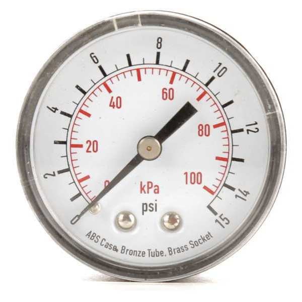 Pressure Gauge, 0 to 15 psi, 1/4 in MNPT, Plastic, Black