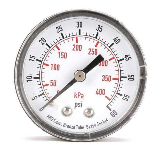Pressure Gauge, 0 to 60 psi, 1/4 in MNPT, Plastic, Black