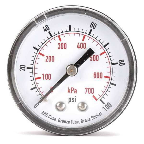 Pressure Gauge, 0 to 100 psi, 1/4 in MNPT, Plastic, Black