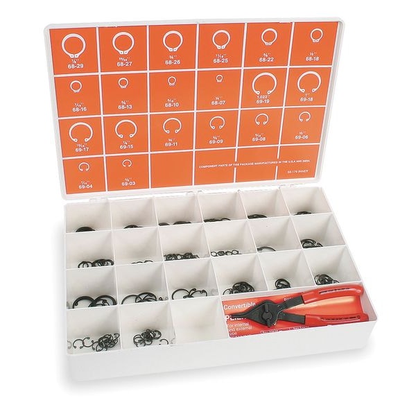Internal and External Retaining Ring Assortment, Steel, Phosphate Finish, 221 Pieces, 20 Sizes
