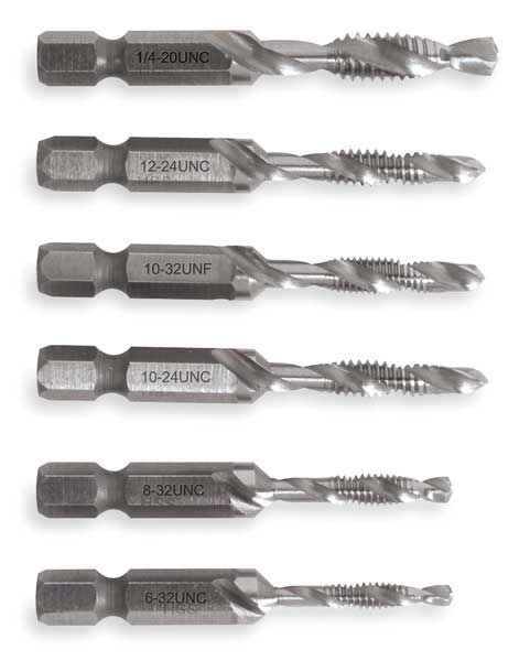 Drill/Tap/Countersink Set, SAE, 6 Piece