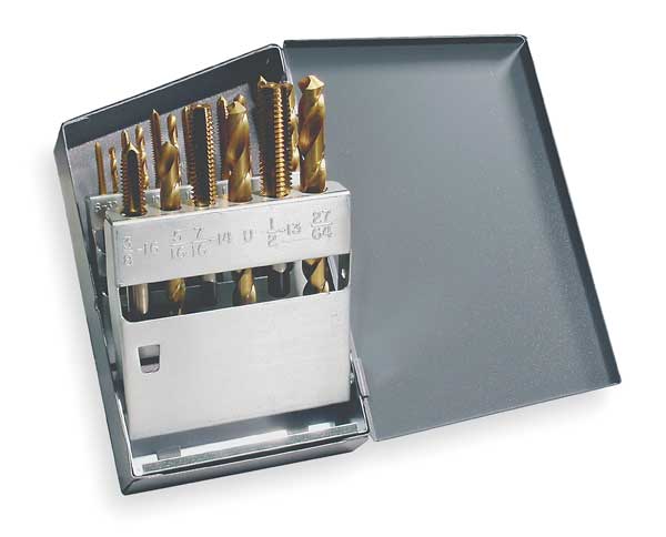 18PC Jobber Drill and Plug Hand Tap 150TN/1002  Set CL TiN HSS 9PC #36, #29, #25, #21, #7, F, 5/16, U, 27/64