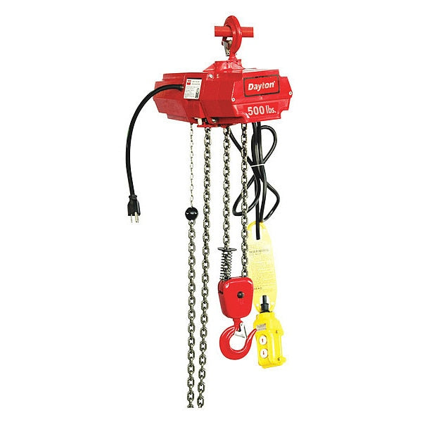 Electric Chain Hoist, 500 lb, 10 ft, Hook Mounted - No Trolley, Red
