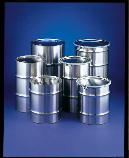 Open Head Transport Drum, 304 Stainless Steel, 55 gal, Unlined, Silver