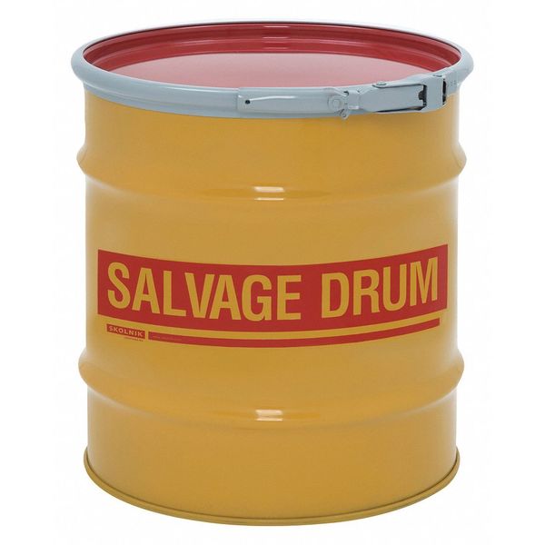 Open Head Salvage Drum, Steel, 20 gal, Unlined, Yellow