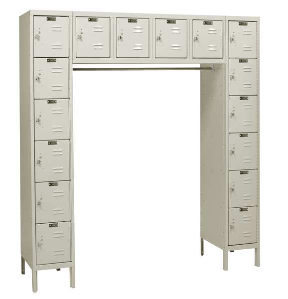 Box Locker Unit with Coat Rod, 72 in W, 18 in D, 78 in H, (6) Tier, (6) Wide, Tan