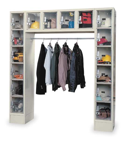 Box Locker Unit with Coat Rod, 72 in W, 18 in D, 78 in H, (6) Tier, (6) Wide, Tan