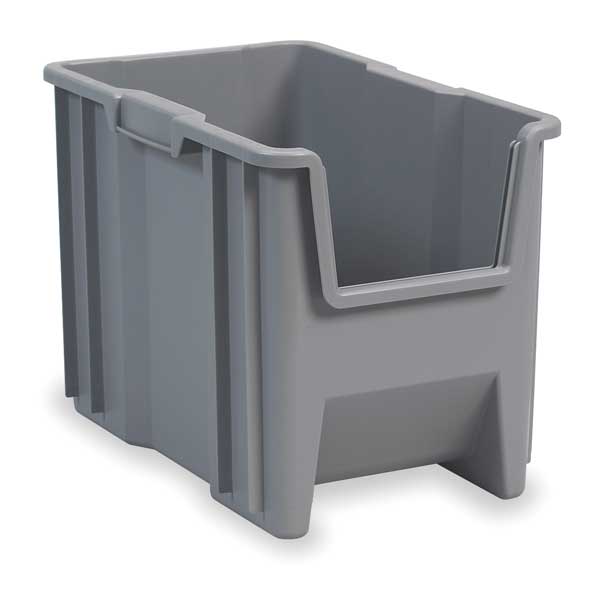 Stackable Storage Bin, Gray, Plastic, 10 7/8 in W x 12 1/2 in H, 75 lb Load Capacity