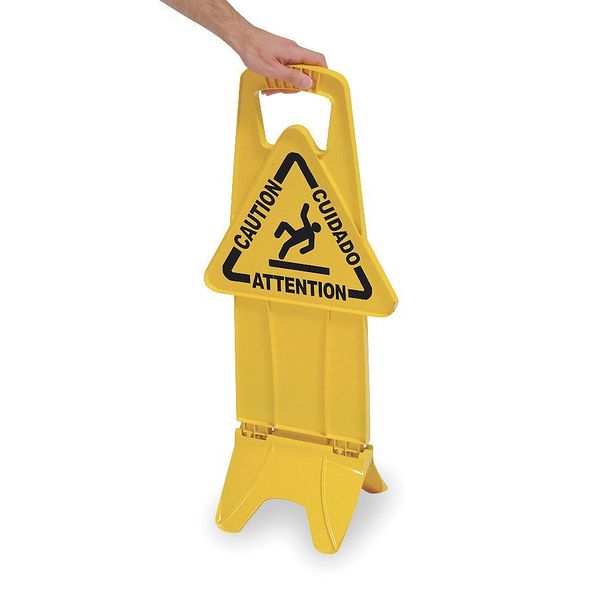 Floor Safety Sign, Caution, Eng/Sp/Fr, 25 in H, 13 in W, Polypropylene, Rectangle, FG9S0900YEL