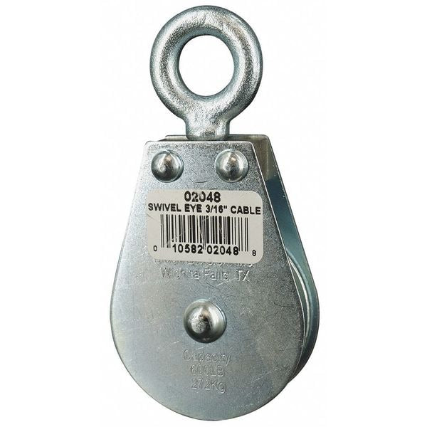 Pulley Block, Wire Rope, 3/16 in Max Cable Size, 600 lb Max Load, Zinc Plated