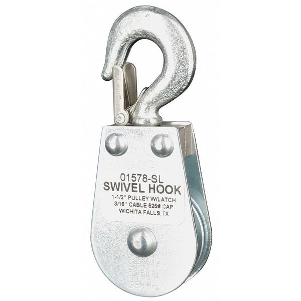Pulley Block, Wire Rope, 3/16 in Max Cable Size, 525 lb Max Load, Zinc Plated