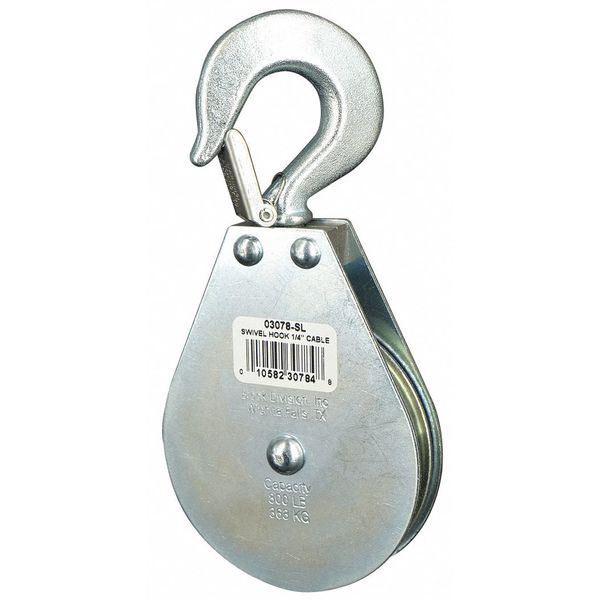 Pulley Block, Wire Rope, 1/4 in Max Cable Size, 800 lb Max Load, Zinc Plated