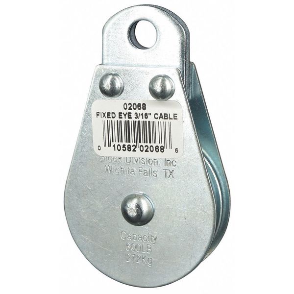 Pulley Block, Wire Rope, 3/16 in Max Cable Size, 600 lb Max Load, Zinc Plated