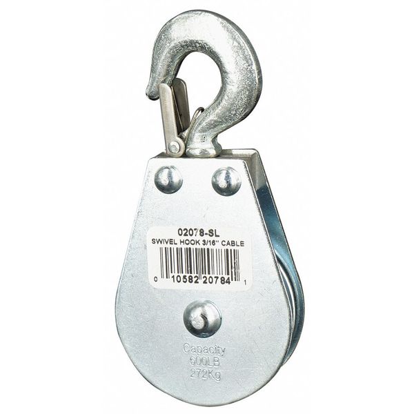 Pulley Block, Wire Rope, 3/16 in Max Cable Size, 600 lb Max Load, Zinc Plated